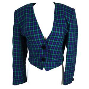 Vintage 90s Wool Like Blue and Green Plaid Cropped Blazer Short Bolero Size 8